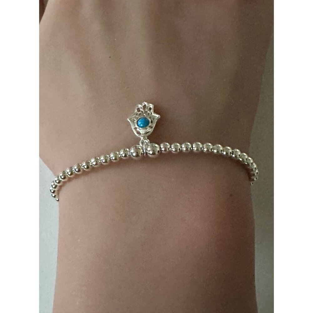 925 Sterling Silver Beaded Stretch Stacking Bracelet Hamsa Charm Minimalist S7" - Picture 2 of 5